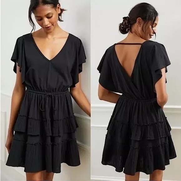 Anthropologie Daily Practice Tiered Ruffle Mini Dress Black Size‎ XS Beach Comfy - Picture 2 of 10